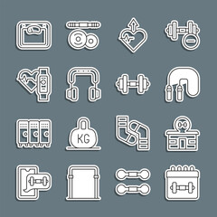 Wall Mural - Set line Calendar fitness, Gym building, Jump rope, Heartbeat increase, Headphones, Smart watch with heart, Bathroom scales and Dumbbell icon. Vector