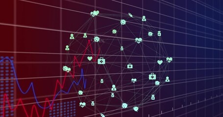 Poster - Animation of connected icons forming globe with graphs and changing numbers over black background