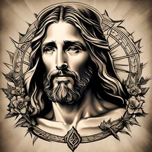 A Black Image Of A Jesus Tattoo. Tattoo Flash Art.