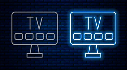 Poster - Glowing neon line Smart Tv icon isolated on brick wall background. Television sign. Vector