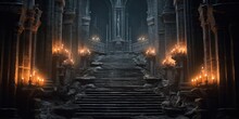 Ominous, Stone - Walled, Torches, Night, Darkness Stair - Accessible Medieval Castle Dungeon Symmetry