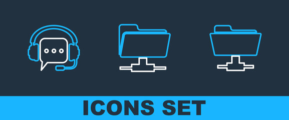 Poster - set line ftp folder, headphones with speech bubble and icon. vector