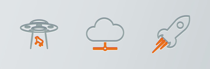 Poster - set line rocket ship with fire, ufo abducts cow and network cloud connection icon. vector