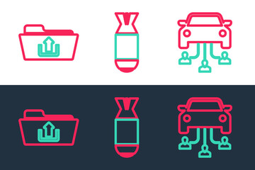 Poster - Set line Car sharing, Folder upload and Aviation bomb icon. Vector