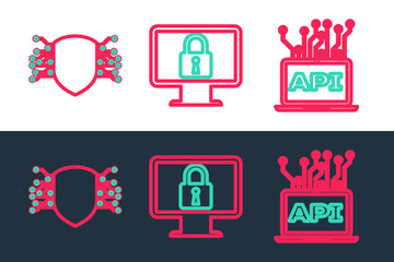 Poster - Set line Computer api interface, Cyber security and Lock on monitor icon. Vector