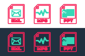 Poster - Set line PPT file document, EML and MP3 icon. Vector