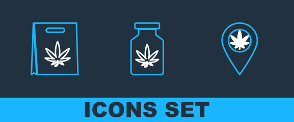 Sticker - Set line Location and marijuana, Shopping bag of and Medical bottle with icon. Vector