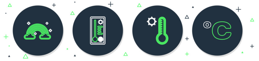 Sticker - Set line Meteorology thermometer, Rainbow with clouds and Celsius icon. Vector