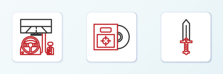 Poster - set line sword for game, racing simulator cockpit and cd dvd disk box icon. vector