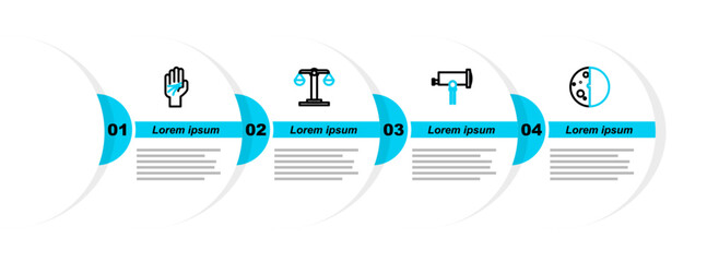 Canvas Print - Set line Eclipse of the sun, Telescope, Libra zodiac and Palmistry hand icon. Vector
