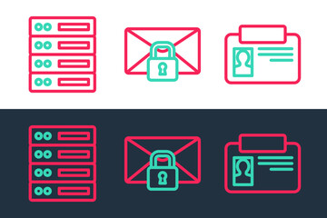 Poster - set line identification badge, server, data, web hosting and mail message lock password icon. vector