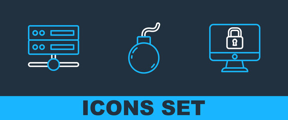 Poster - set line lock on computer monitor, server, data, web hosting and bomb ready explode icon. vector