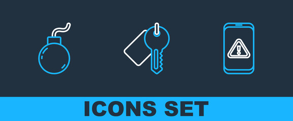 Poster - Set line Mobile with exclamation mark, Bomb ready to explode and Marked key icon. Vector