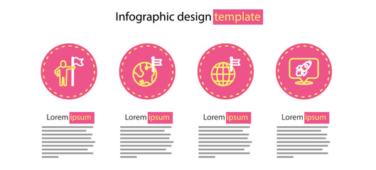 Poster - Set line Planet with flag, Rocket ship, and Man holding icon. Vector