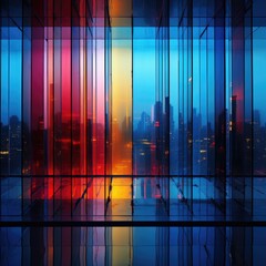 the blue, yellow, and red stripes on the glass wall with a city view in the background