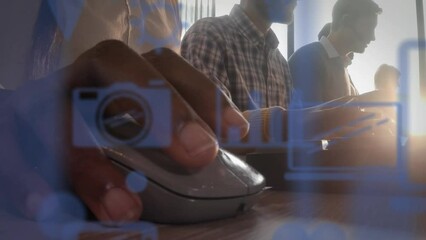 Poster - Animation of multiple icons, low angle view of diverse coworkers working in office