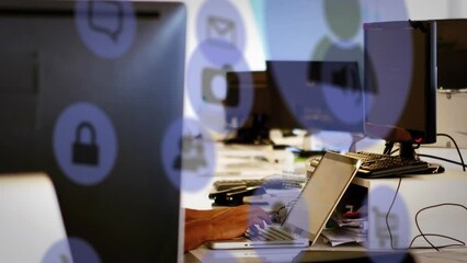 Poster - Animation of icons and computer language over caucasian man typing on keyboard of laptop
