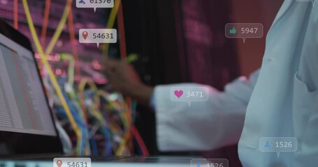 Poster - Animation of notification bars, african american engineer checking data server system using laptop