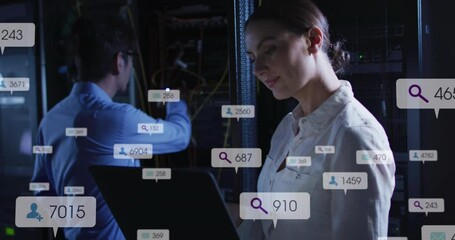 Poster - Animation of notification bars over diverse engineers checking data server system using laptop