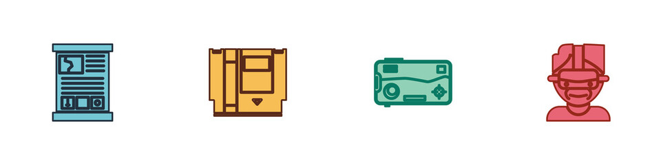 Poster - set game guide, cartridge, mobile and playing in game and virtual reality glasses icon. vector