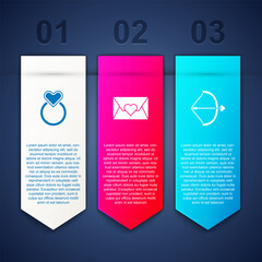 Poster - Set Wedding rings, Envelope with Valentine heart and Bow and arrow. Business infographic template. Vector