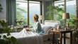 Elderly japanese woman sitting in a hospital bed and looking at the window.