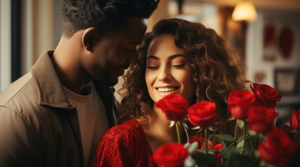 Beautiful young couple with bouquet of red roses in cafe, closeup.