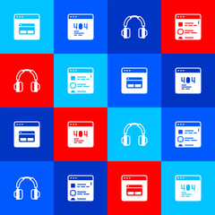 Poster - Set Search engine, Page with 404 error, Headphones and Browser files icon. Vector