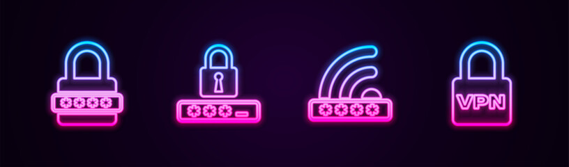 Poster - Set line Password protection, , Wifi locked and Lock VPN. Glowing neon icon. Vector