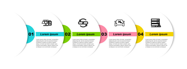 Sticker - Set line Solar energy panel and battery, Chain link line, Hydrogen car and Customer care server. Business infographic template. Vector