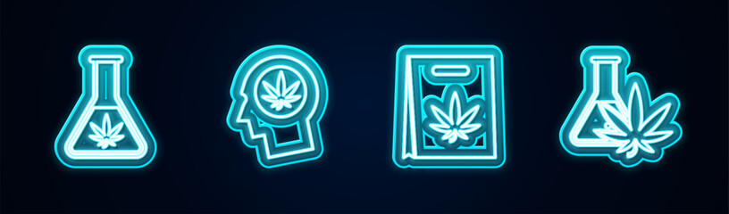 Wall Mural - Set line Test tube with marijuana, Head in profile, Shopping bag and . Glowing neon icon. Vector