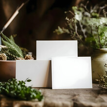 Three White Blank Sheets Of Paper Arranged Side By Side Around Green Plants.