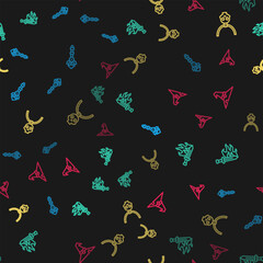 Poster - set line magic wand, sword for game, necklace amulet and witch hat on seamless pattern. vector