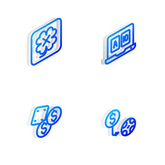 Sticker - Set Isometric line Online poker table game, Casino slot machine, Game dice and chips exchange icon. Vector