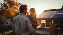 Rear View Of Dad Holding Her Little Girl In Arms And Showing At Their House With Installed Solar Panels. Alternative Energy, S Generative AIaving Resources And Sustainable Lifestyle Concept