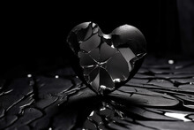 Broken Glass Black Heart With Cracks On Dark Background. Concept Of Separation And Breakup Of Relationships
