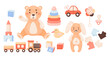 Collection children toys. Cute Teddy bear and bunny, duck and pyramid, cubes, train, clockwork car, rattle and pacifier. Isolated vector illustration in cartoon style. Kids collection.