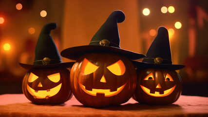 Wall Mural - 3 Halloween pumpkins with neon glowing eyes and witches hat, isolated on dark toned smoke foggy background. Scary Jack-o-lantern halloween pumpkin. Generative AI