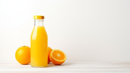 orange juice and oranges and orange slices, healthy drink, vitamin Cc copy space, text space