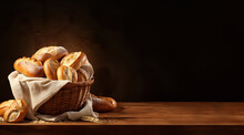 Bread In Basket On Black Background. Various Kinds Of Bread In Basket On A Black Background.copy Space.copy Text.for Advertising Design.landscape.