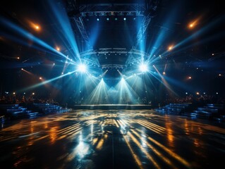 Sticker - Online event entertainment concept. Background for online concert. Blue stage spotlights. Empty stage with blue spotlights. Blue stage lights.