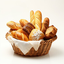 Bread In Basket With Clean Background. Bread In Wicker Basket On Background.