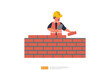 Construction Builder Man Character is Building a Brick Wall. Vector Illustration of Construction Worker