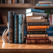 Composition Of Books Stacked On A Wooden Table - Ai Generative