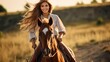 Young happy woman is riding a horse. Beautiful illustration picture. Generative AI