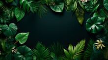 Top View Exotic Tropical Leaves On A Dark Green Background