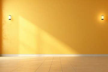 Empty yellow wall and smooth floor with interesting light glare Background. interior advertising. Generative AI.