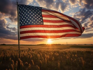 In a panoramic sweep, the American flag waves proudly across a sprawling midwestern farmland, encompassing vastness and verdant bounty under one banner.