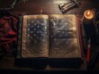 Photographically framed, an old leather-bound diary rests on a table, the American flag bookmark peeking out. A nostalgic testament to personal histories intertwined with national stories.