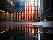 Professionally contrasted, a modern glass building reflects an old, tattered American flag from a neighboring structure, symbolizing resilience, change, and the enduring nature of national pride.